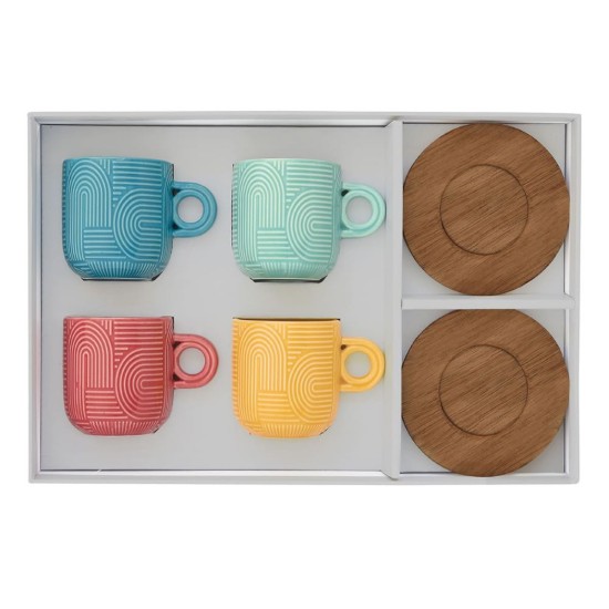 4 db-os kávéscsésze készlet, porcelán, 110 ml, akác csészealjjal, "Take a Loop" - Nuova R2S