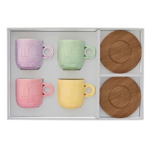 4 db-os kávéscsésze készlet, porcelán, 110 ml, akác csészealjjal, "Take a Loop" - Nuova R2S