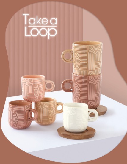 2 db porcelán bögre készlet, 250 ml, akác csészealjjal, "Take a Loop", barna - Nuova R2S