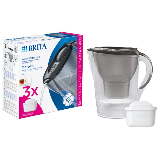 BRITA - Marella vízszűrő kancsó StarterPack + 3db PP Maxtra Pro szűrő patron, 2,4 L (szürke)