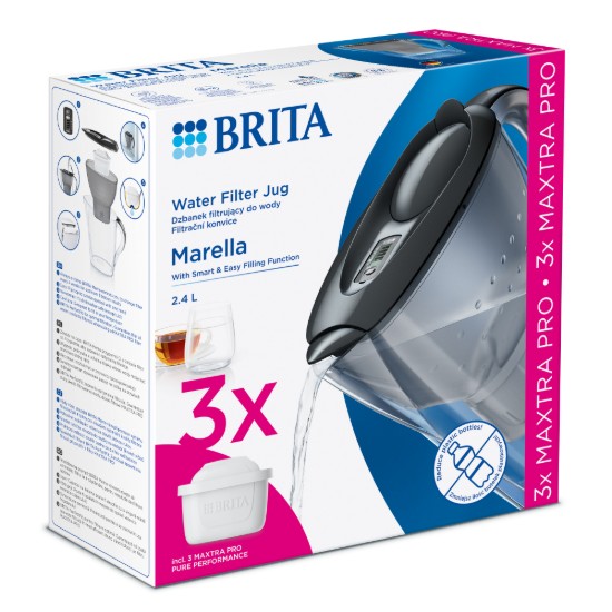 BRITA - Marella vízszűrő kancsó StarterPack + 3db PP Maxtra Pro szűrő patron, 2,4 L (szürke)