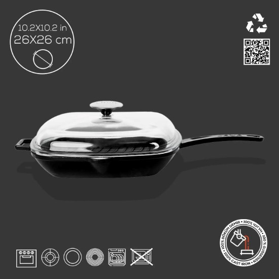 Lava grill serpenyő, hőálló üvegből készült fedővel, 26x26 cm "Glaze"