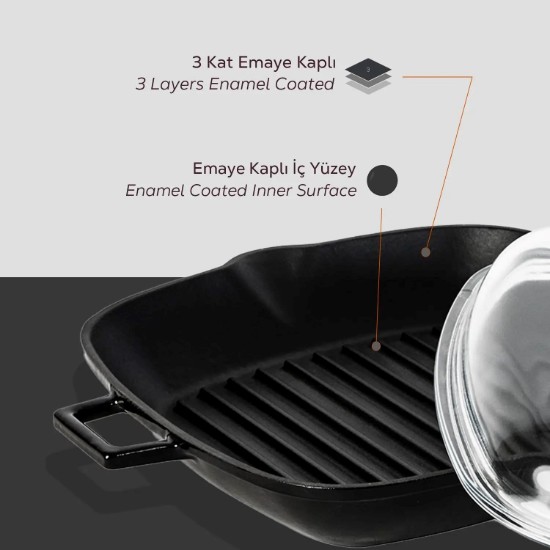 Lava grill serpenyő, hőálló üvegből készült fedővel, 26x26 cm "Glaze"