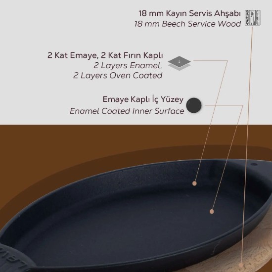 Haltálca, öntöttvas, 32 x 20 cm, fa tálcával - LAVA