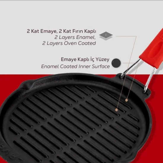 Lava - 23 cm -es kerek grill serpenyő  - piros nyéllel