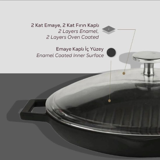 Öntöttvas grillserpenyő fedővel, 30cm - LAVA