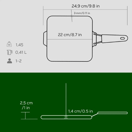 Grill serpenyő, 21 x 21 cm, zöld fogantyú - LAVA