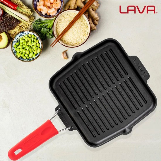 LAVA - 21 x 21 cm - es grillező serpenyő piros nyéllel