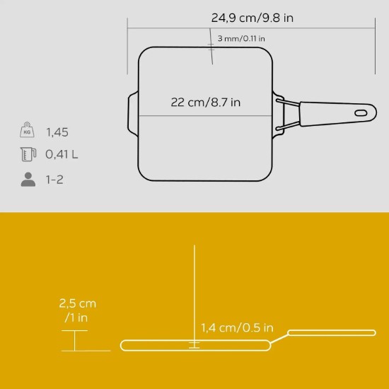 Grill serpenyő, 21 × 21 cm, fogantyú sárga - LAVA