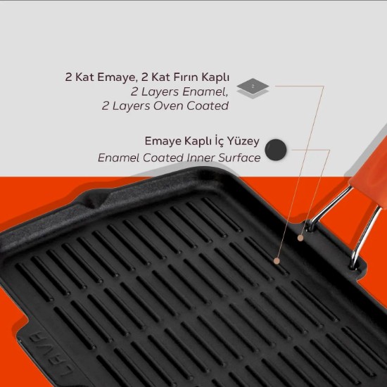 LAVA ~ 21 x 30 cm-es narancssárga nyelű öntöttvas grill serpenyő