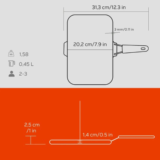 LAVA ~ 21 x 30 cm-es narancssárga nyelű öntöttvas grill serpenyő
