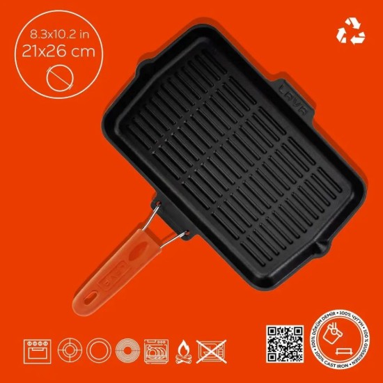 Lava ~ 21 x 36 cm ~ nyarancssárga nyelű ~ öntöttvas grill serpenyő