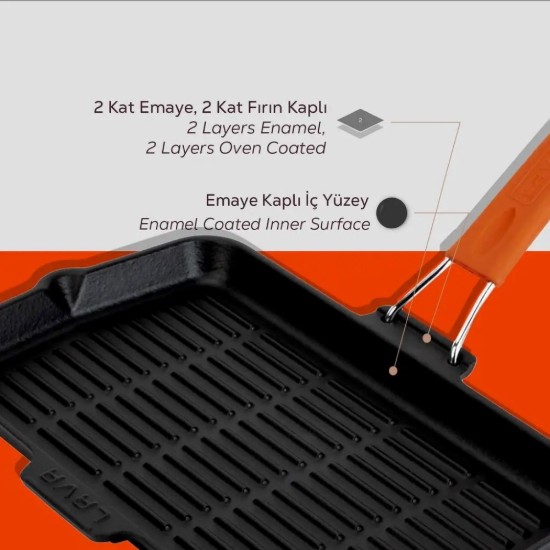 Lava ~ 21 x 36 cm ~ nyarancssárga nyelű ~ öntöttvas grill serpenyő