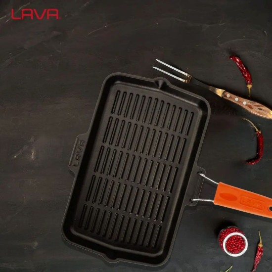 Lava ~ 21 x 36 cm ~ nyarancssárga nyelű ~ öntöttvas grill serpenyő
