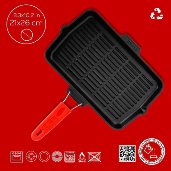 Lava ~  21 x 36 cm ~ piros nyelű ~ öntöttvas grill serpenyő