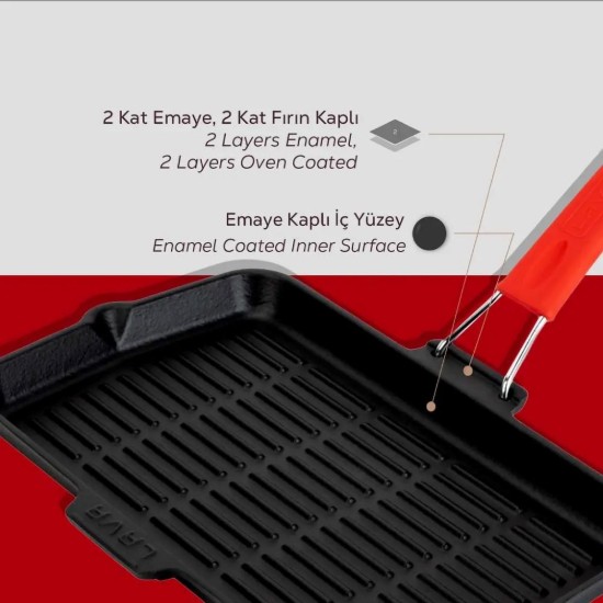 Lava ~  21 x 36 cm ~ piros nyelű ~ öntöttvas grill serpenyő