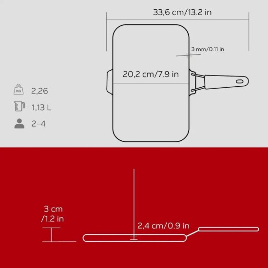 Lava ~  21 x 36 cm ~ piros nyelű ~ öntöttvas grill serpenyő