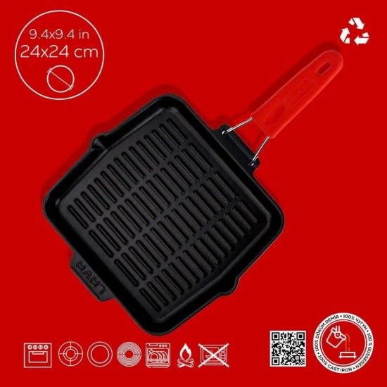 Szögletes grillserpenyő, 24 x 24 cm, piros fogantyú - LAVA