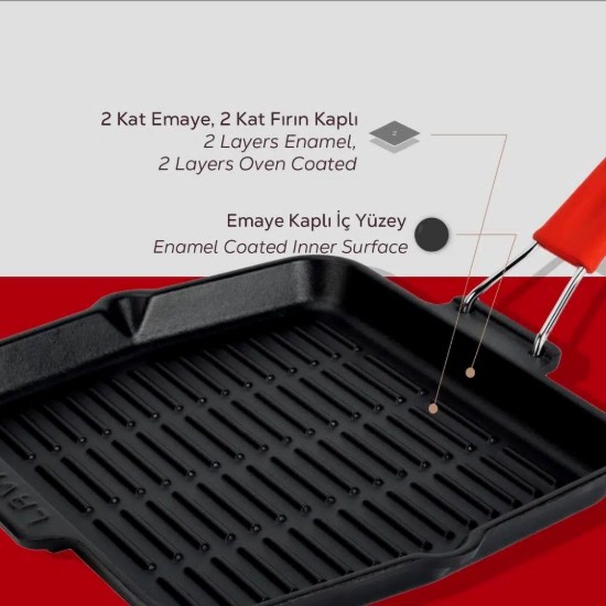 Szögletes grillserpenyő, 24 x 24 cm, piros fogantyú - LAVA