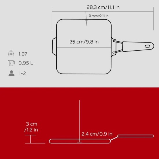 Szögletes grillserpenyő, 24 x 24 cm, piros fogantyú - LAVA