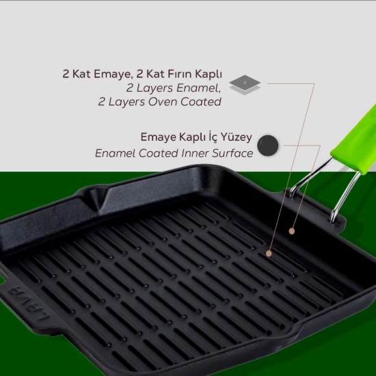 Négyzet alakú grillserpenyő, öntöttvas, 24 x 24 cm, zöld nyéllel - LAVA