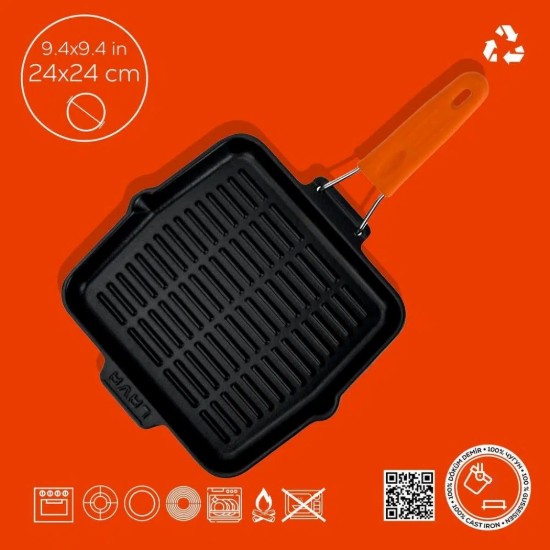 Grill serpenyő, négyzet alakú, 24 x 24 cm, narancssárga fogantyú - LAVA