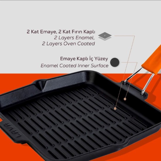 Grill serpenyő, négyzet alakú, 24 x 24 cm, narancssárga fogantyú - LAVA