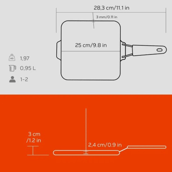 Grill serpenyő, négyzet alakú, 24 x 24 cm, narancssárga fogantyú - LAVA