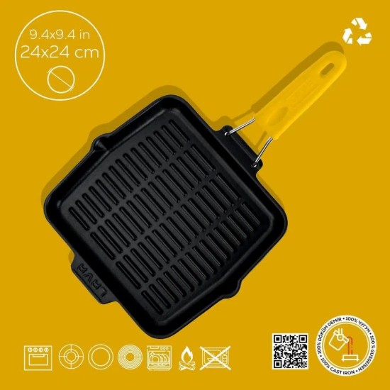 Grill serpenyő, négyzet alakú, 24 x 24 cm, sárga fogantyú - LAVA