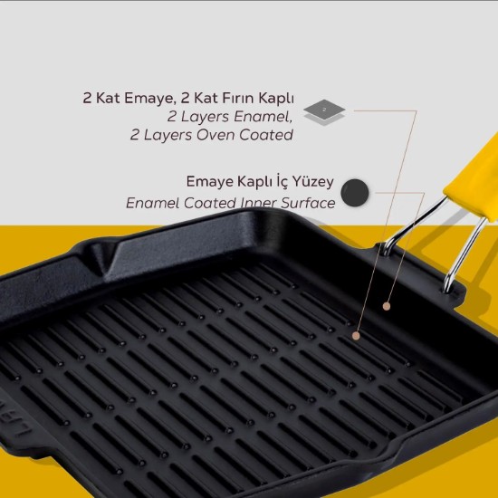 Grill serpenyő, négyzet alakú, 24 x 24 cm, sárga fogantyú - LAVA