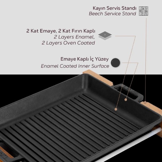 Grilltálca, öntöttvas, 26 x 32 cm, fából készült állványral - LAVA