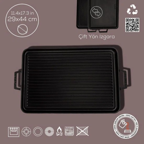 Kétoldalas grill, öntöttvas, 29x44 cm - LAVA
