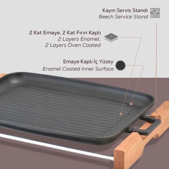 LAVA Grill, öntöttvas, 41,5 x 30 cm, fa állvánnyal