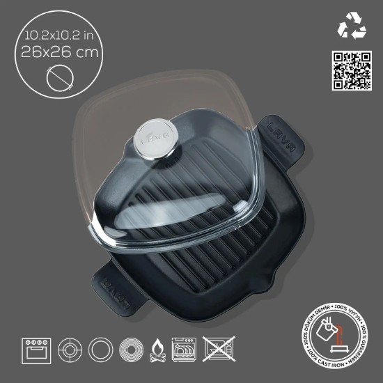 Lava grill serpenyő  fedővel, öntvény, 26 x 26 cm