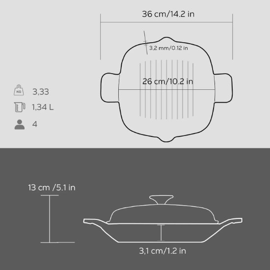 Lava grill serpenyő  fedővel, öntvény, 26 x 26 cm