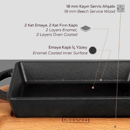 Öntöttvas tálca, 12 × 15 cm, tartóval – LAVA