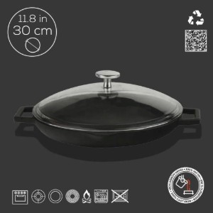 Lava - 30 cm -es fekete "Glaze/Zománc" serpenyő fedővel