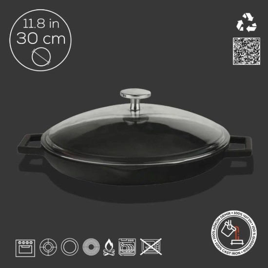 Lava - 30 cm -es fekete "Glaze/Zománc" serpenyő fedővel