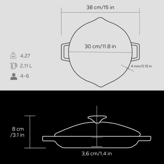 Lava - 30 cm -es fekete "Glaze/Zománc" serpenyő fedővel