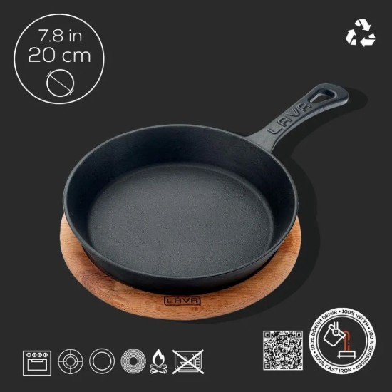 LAVA - Öntöttvas serpenyő, 20 cm, fa alátéttel