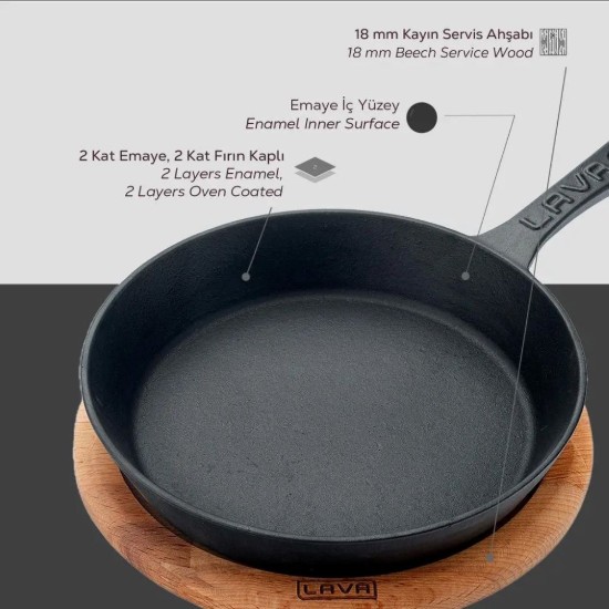 LAVA - Öntöttvas serpenyő, 20 cm, fa alátéttel