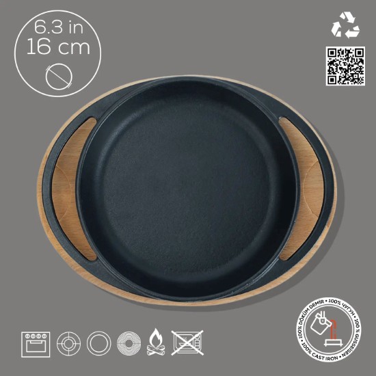 LAVA - 16 cm-es tálca, öntöttvas, fa állvánnyal