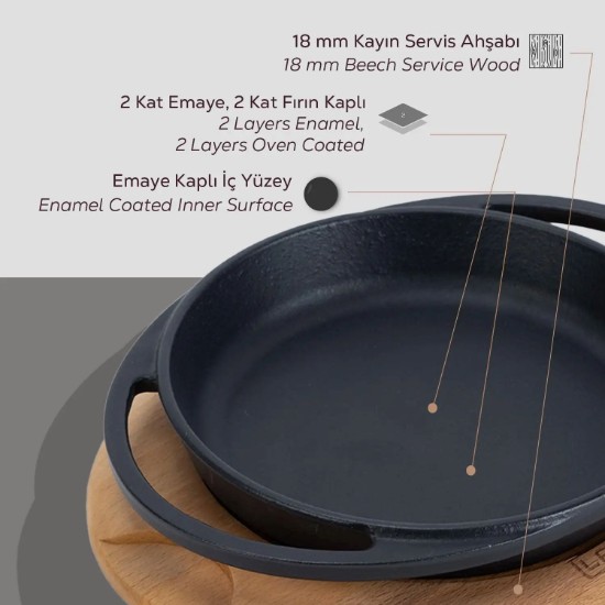 Öntöttvas tálca, 16cm, fa talppal - LAVA