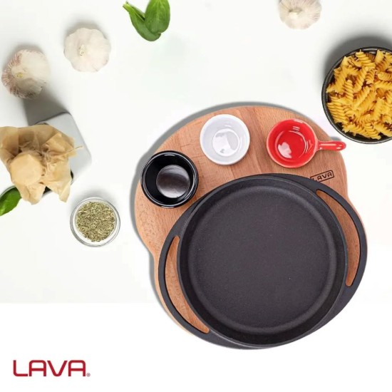 Öntöttvas tál, kerek, faállvánnyal, 20 cm - LAVA márka