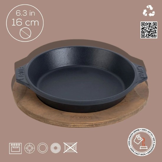 Öntöttvas edény, 16 cm, fából készült állványral - LAVA