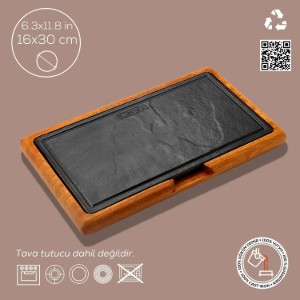 Lava -  16 x 30 cm -es öntöttvas tálalótálca fa alátéttel