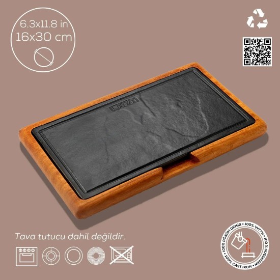 Lava -  16 x 30 cm -es öntöttvas tálalótálca fa alátéttel