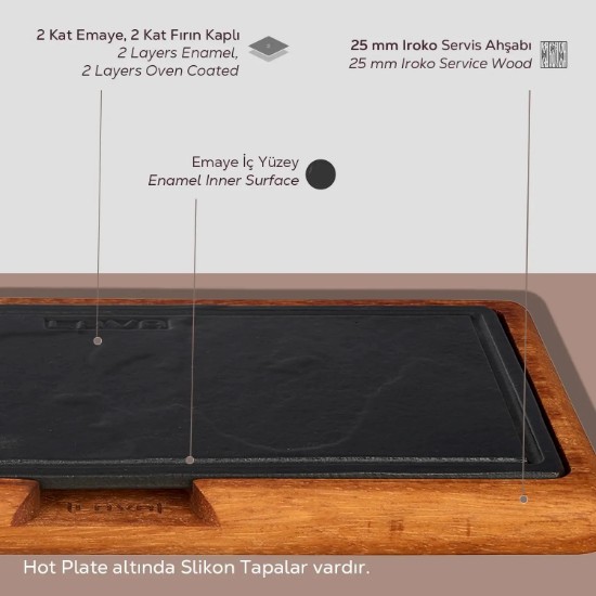 Öntöttvas tál, 30 x 16 cm, fa állvánnyal – LAVA márka