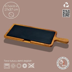 LAVA - 17 x 37 cm -es öntöttvas tálalótálca, fa alátéttel