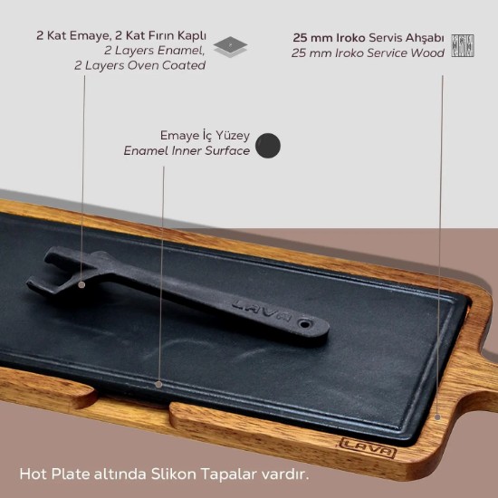 LAVA - 17 x 37 cm -es öntöttvas tálalótálca, fa alátéttel